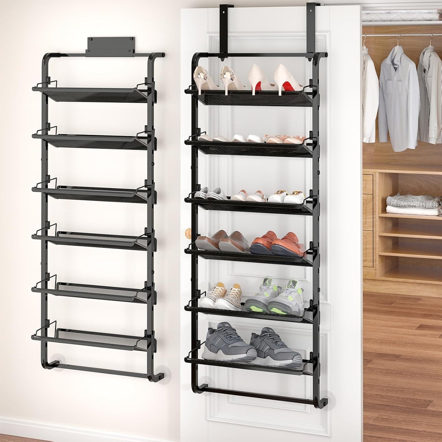 bukfen Over The Door Shoe Organizer,6-Tier Adjustable Door-Mounted/Wall-Mounted Shoe Rack,Heavy-Duty Metal Storage for Closet Door,Black,1 Pack