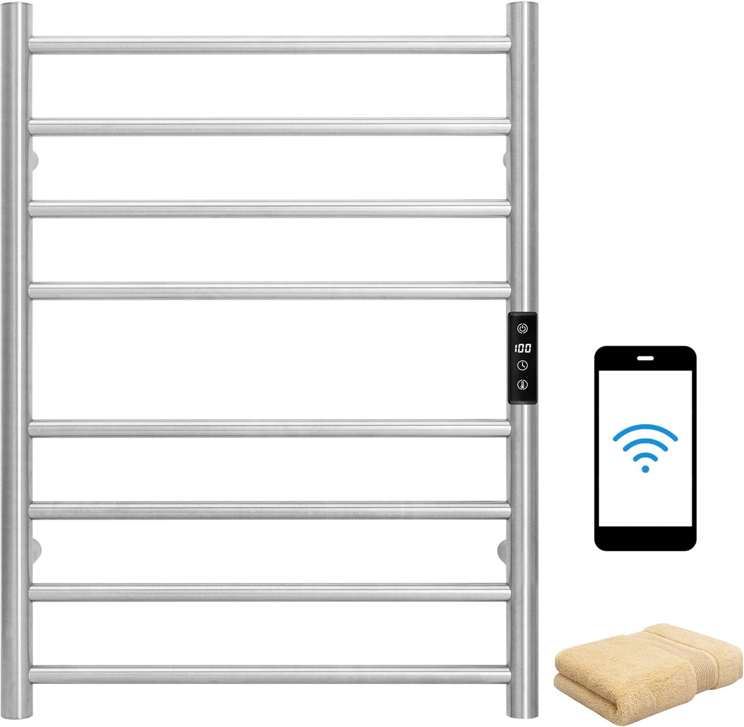 KEG Towel Warmer Wall Mounted with Built-in Timer 12 Bars Electric Stainless Steel Heated Towel Racks for Bathroom, Hot Plug-in Bath Towel Heater Matte Black