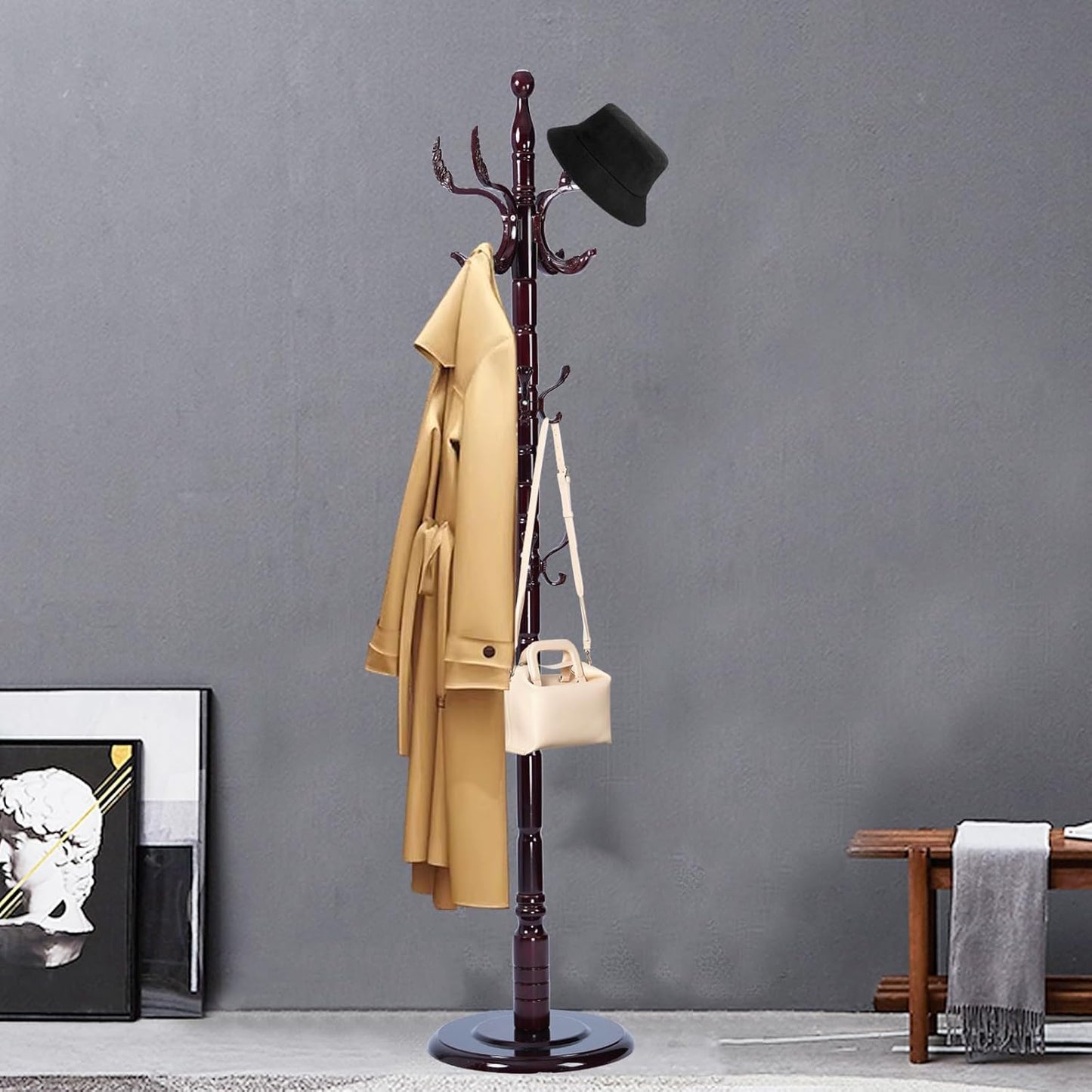 Coat Racks Free Standing with 14 Hooks, Natural Wood Coat Rack with Solid Round Base, Adjustable Height Coat Racks, Easy Assembly for Hallway, Bedroom and Office (Reddish brown)