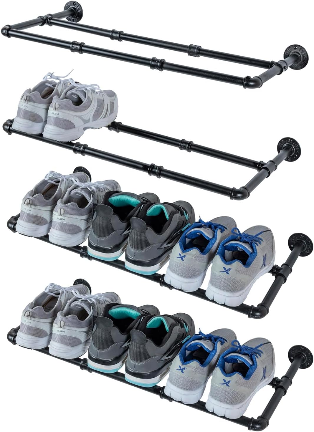 MyGift Set of 4 Industrial Matte Black Metal Pipe Hanging Shoe and Boot Rack Organizer Shelf, Wall Mounted Space Saving Footwear Storage Shelves for Closet, Mudroom, Entryway, Holds 12 Pairs