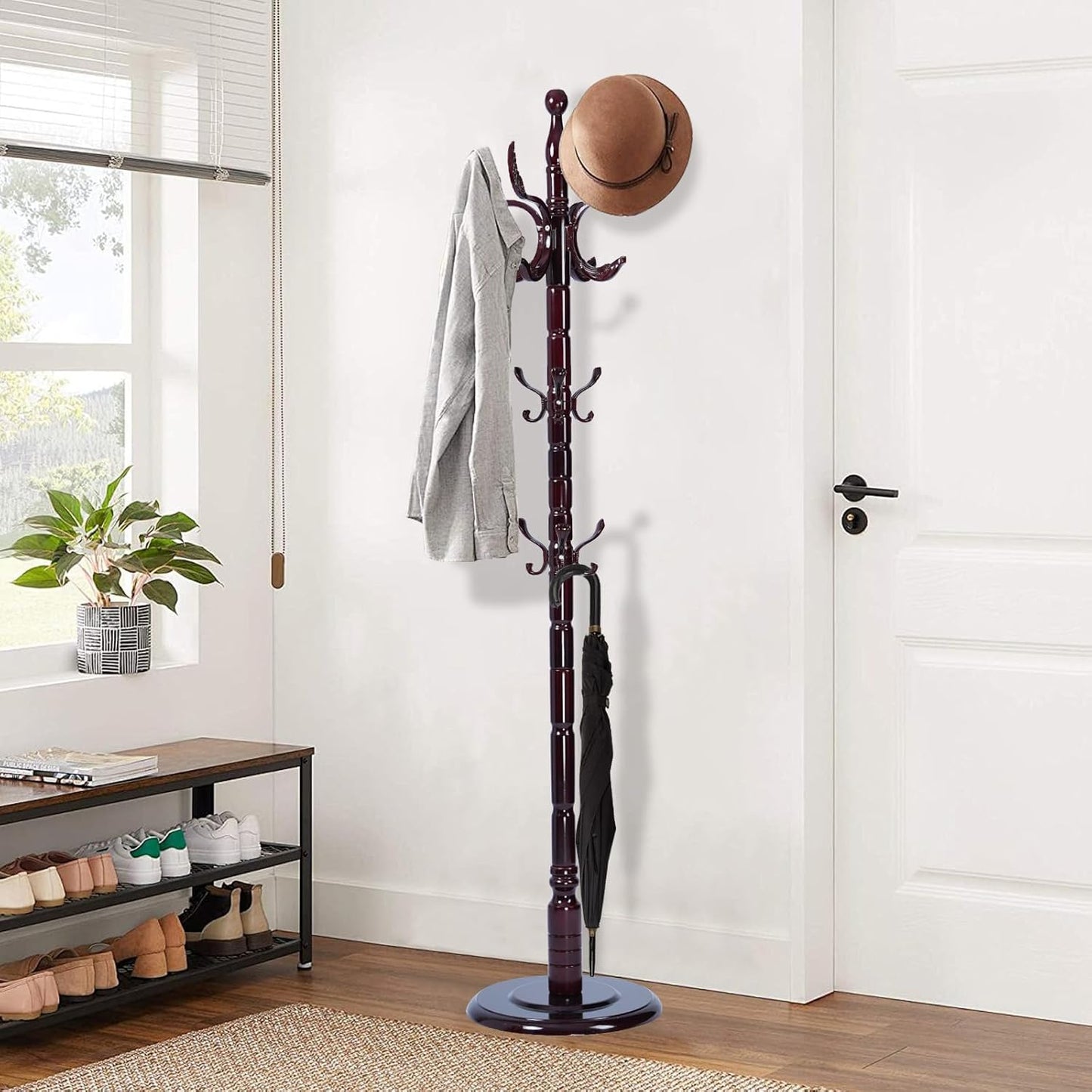 Wooden Coat Rack Freestanding, Vintage Coat Racks with Sturdy Round Base, Adjustable Height 37.40"-72.83" Entrance Coat Rack for Bedroom Living Room Entryway (Solid wood Rosewood)