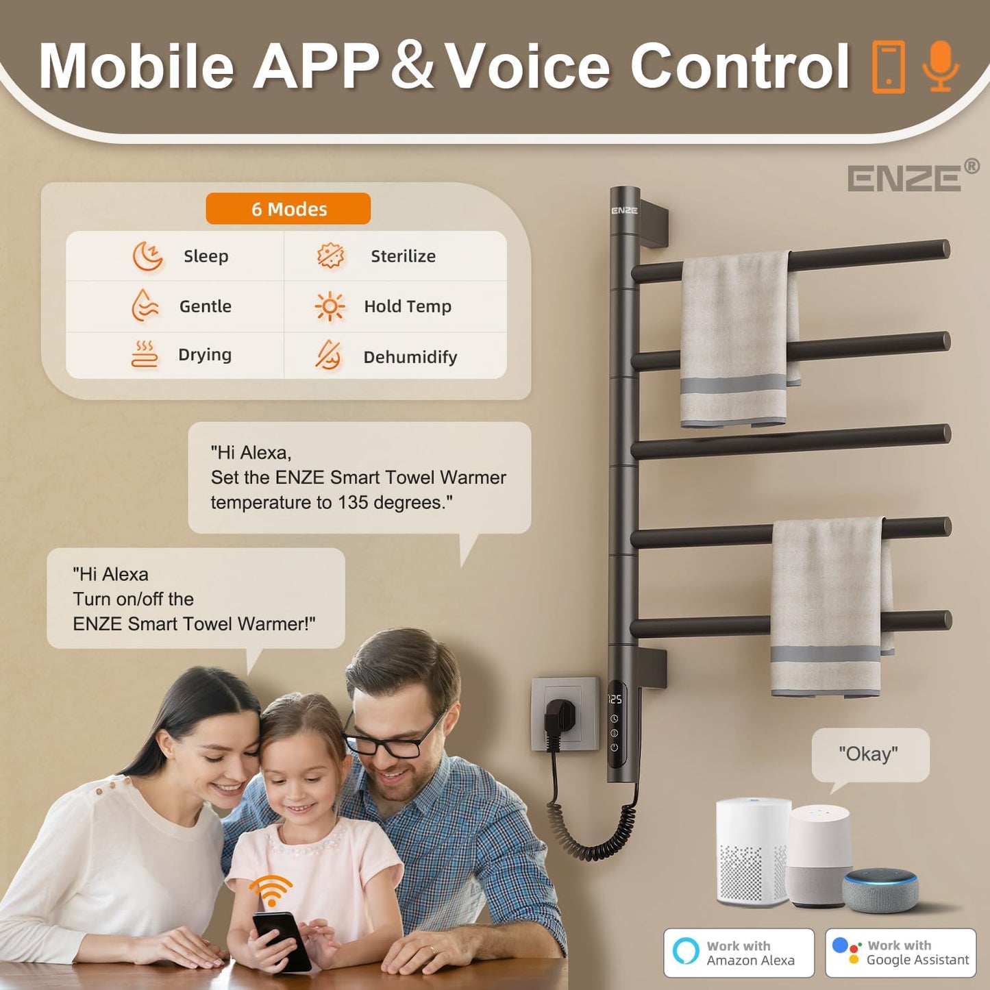 ENZE Smart Rotating Heated Towel Rack for Bathroom, 5-Bar Wall-Mounted Electric Towel Warmer with Swivel Bars, Wi-Fi App Control, 24H Timer, Stainless Steel, IPX5, Hardwired/Plug-in, Gray