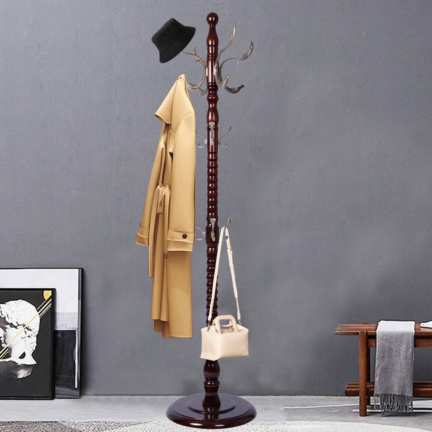 Coat Racks Free Standing with 14 Hooks, Natural Wood Coat Rack with Solid Round Base, Adjustable Height Coat Racks, Easy Assembly for Hallway, Bedroom and Office (Reddish brown)