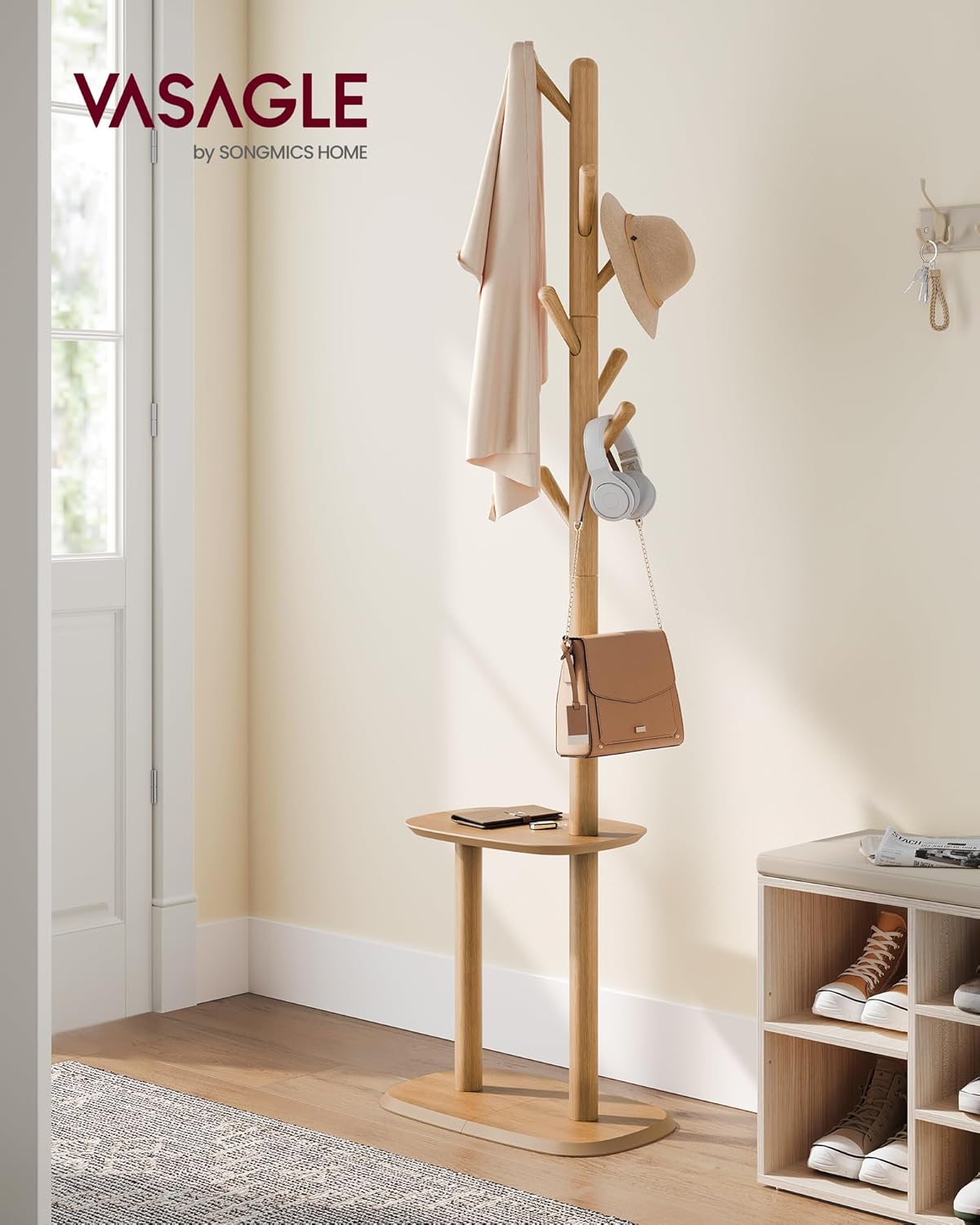 VASAGLE Coat Rack, Free Standing Coat Stand, Hall Coat Tree with 8 Hooks and Storage Shelf, 67.2 Inch Tall, for Coats, Hats, Bags, for Entryway, Hallway, Bedroom, Natural Beige URCR040N02