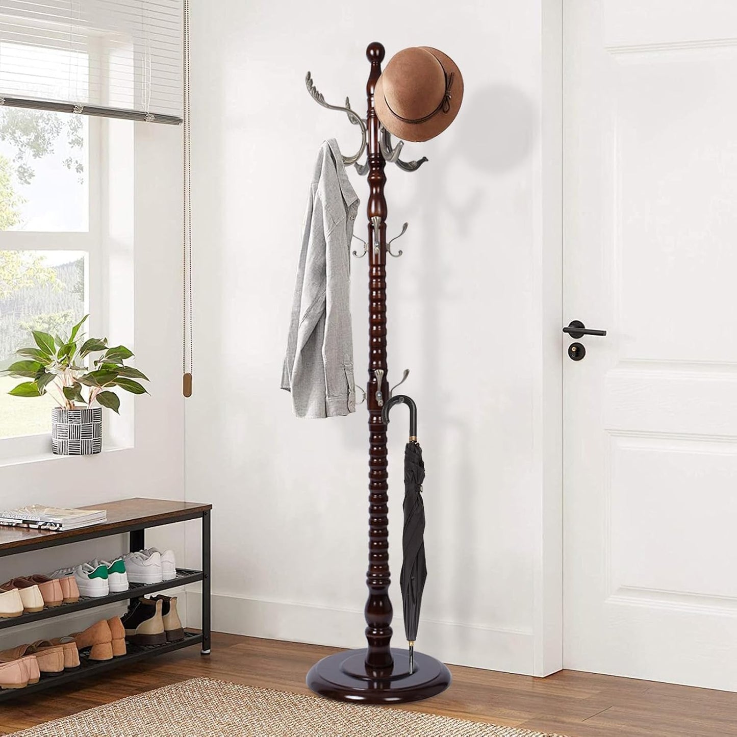 Wooden Coat Rack Freestanding, Vintage Coat Racks with Sturdy Round Base, Adjustable Height 37.40"-72.83" Entrance Coat Rack for Bedroom Living Room Entryway (Solid wood Rosewood)