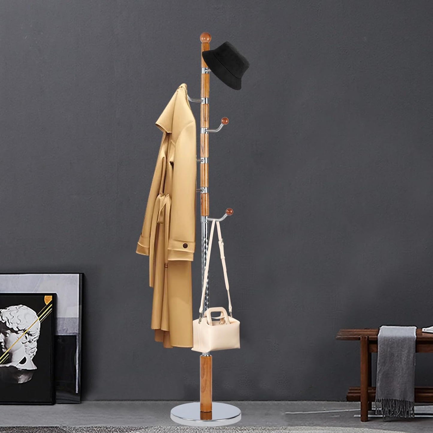 Coat Racks Free Standing with 14 Hooks, Natural Wood Coat Rack with Solid Round Base, Adjustable Height Coat Racks, Easy Assembly for Hallway, Bedroom and Office (Reddish brown)