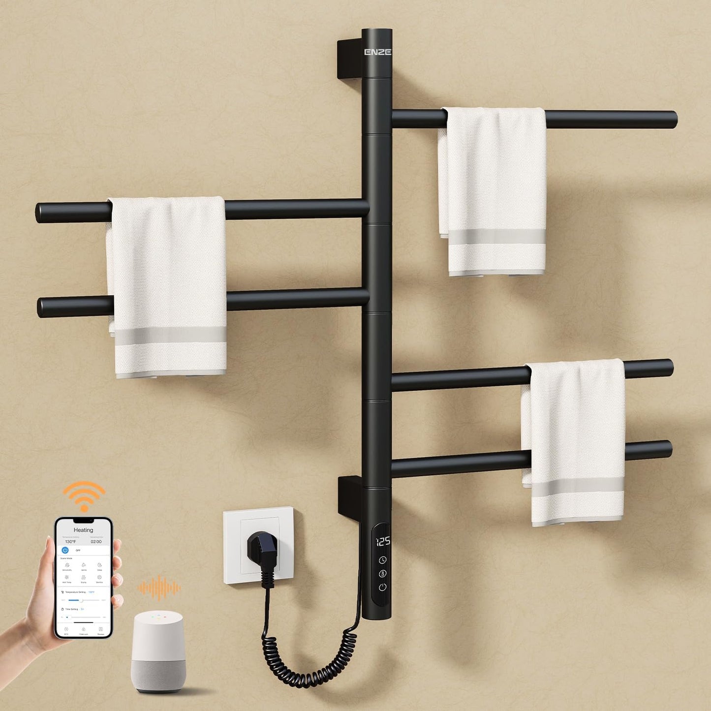 ENZE Smart Rotating Heated Towel Rack for Bathroom, 5-Bar Wall-Mounted Electric Towel Warmer with Swivel Bars, Wi-Fi App Control, 24H Timer, Stainless Steel, IPX5, Hardwired/Plug-in, Gray