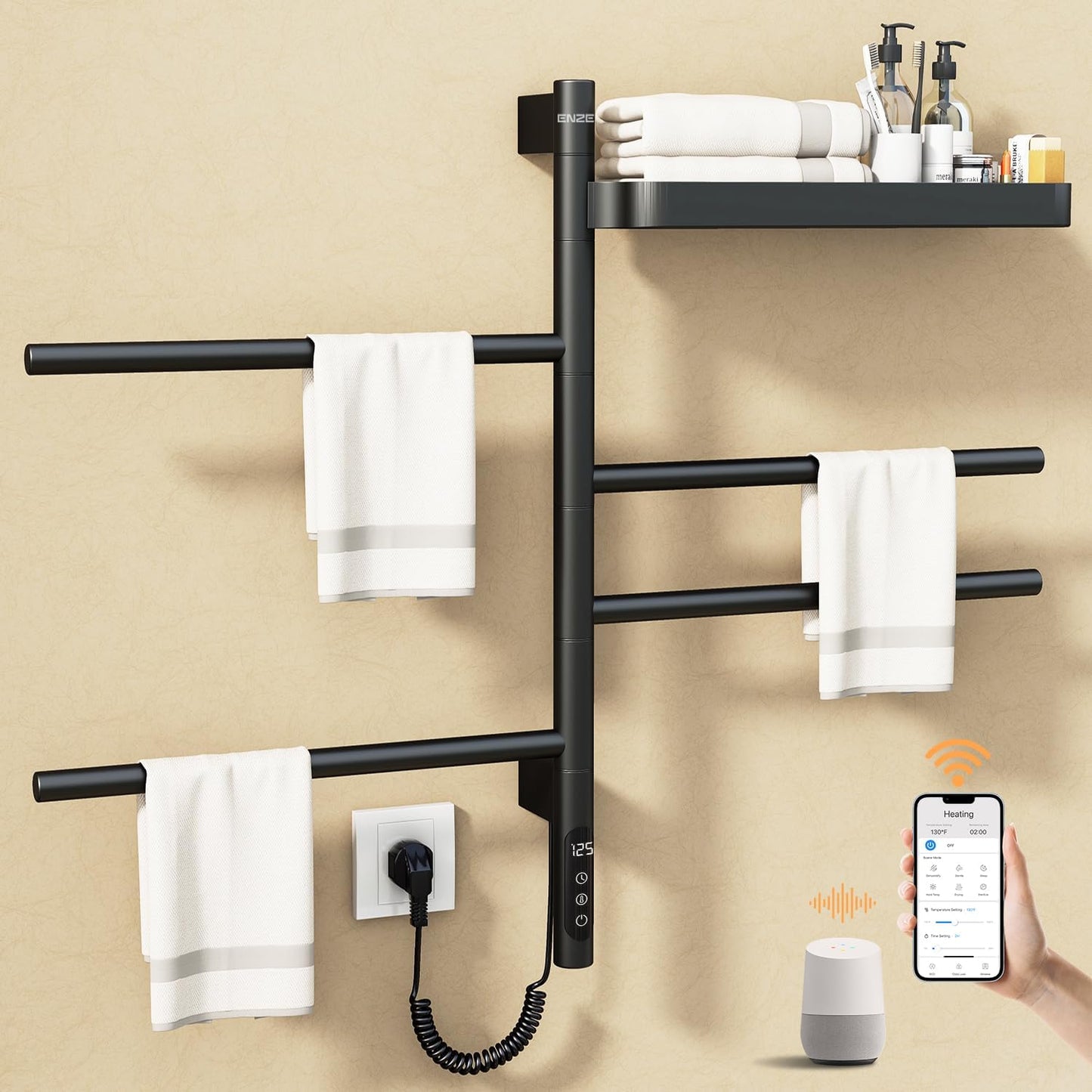 ENZE Smart Rotating Heated Towel Rack for Bathroom, 5-Bar Wall-Mounted Electric Towel Warmer with Swivel Bars, Wi-Fi App Control, 24H Timer, Stainless Steel, IPX5, Hardwired/Plug-in, Gray