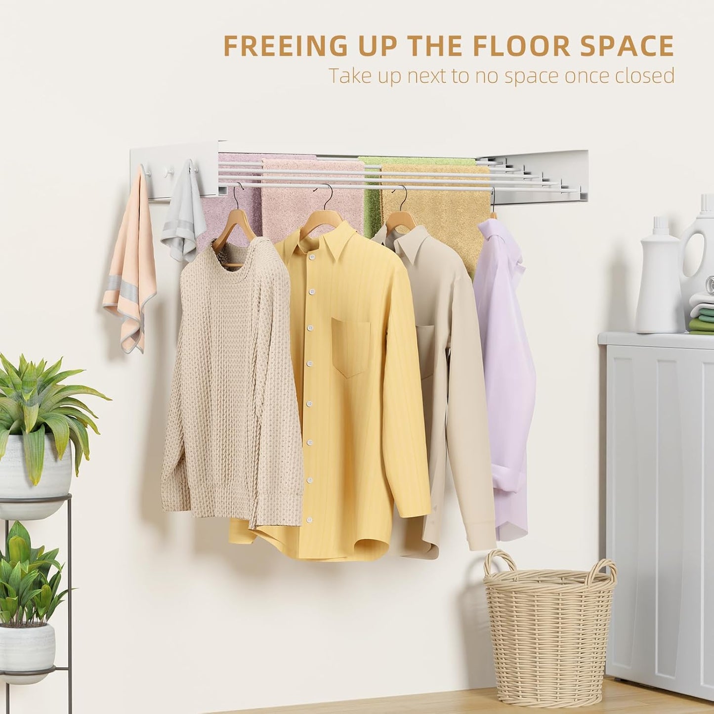Upgrade Laundry Drying Rack, 31.5" Drying Rack Clothing Wall Mounted,Foldable, 5 Aluminum Rods with 6 Hooks, Space-Saving White Collapsible Drying Racks Hanger for Laundry Bathroom