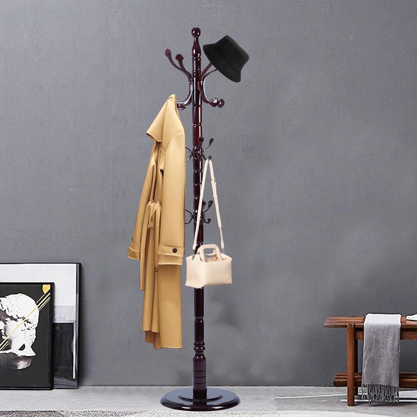 Coat Racks Free Standing with 14 Hooks, Natural Wood Coat Rack with Solid Round Base, Adjustable Height Coat Racks, Easy Assembly for Hallway, Bedroom and Office (Reddish brown)