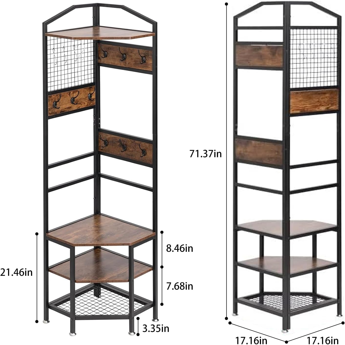 DOEWORKS 4-Tier Corner Industrial Hall Tree, Freestanding Entryway Coat Storage Rack with Hooks and Wooden Storage Shelves, Black
