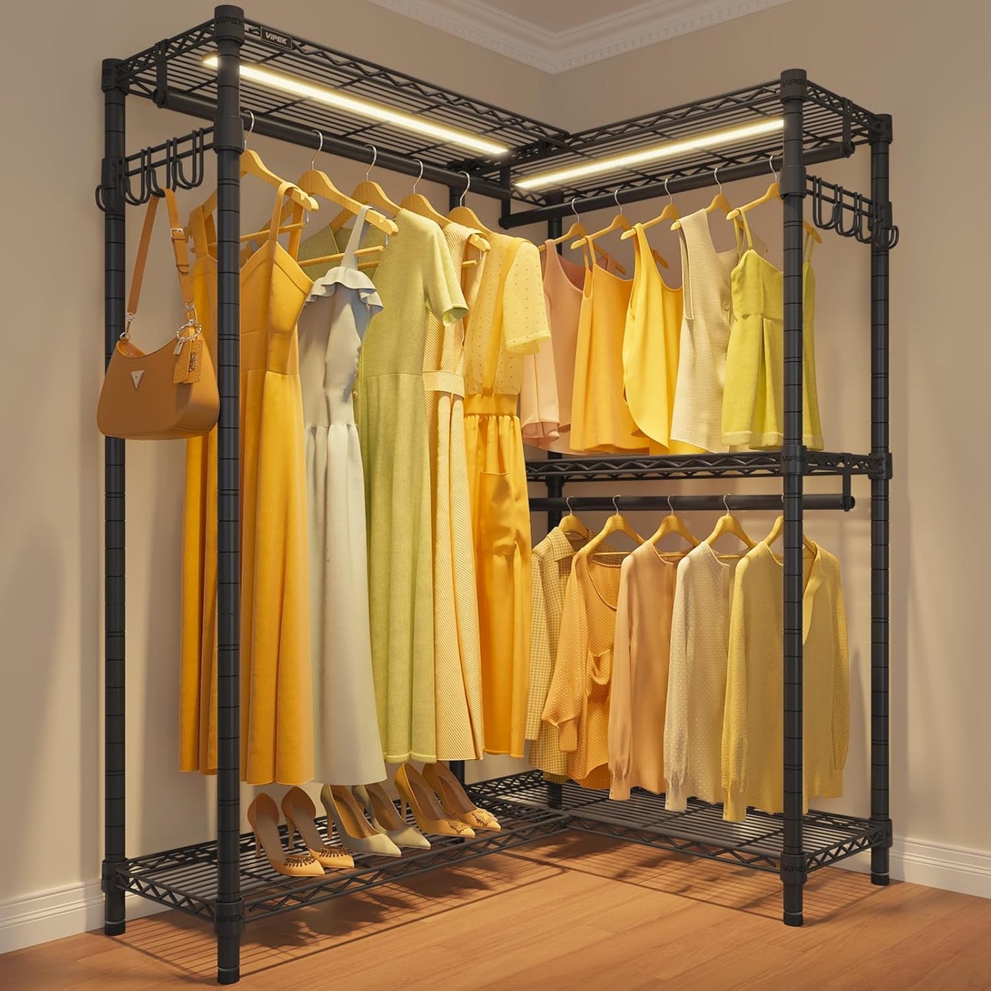 VIPEK L4 Garment Rack L Shaped Clothes Rack for Corner, Freestanding Portable Wardrobe Closet Heavy Duty Clothing Rack with 3 Hanging Rods & 2 Side Hooks, 43.3"Lx29.1"Wx76.4"H, Max Load 810LBS, Black