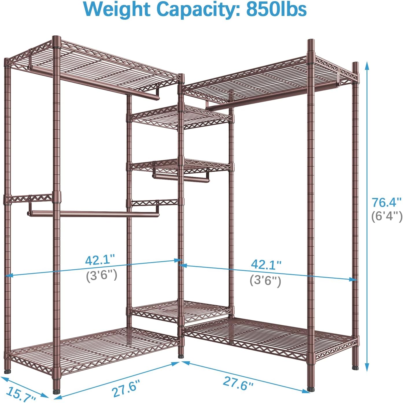 VIPEK L6 L Shaped Clothes Rack for Corner, Heavy Duty Clothing Rack 5-Tier Wire Garment Rack Freestanding Closet with 7 Adjustable Shelves & 4 Hanging Rods, Max Load 850LBS, Bronze