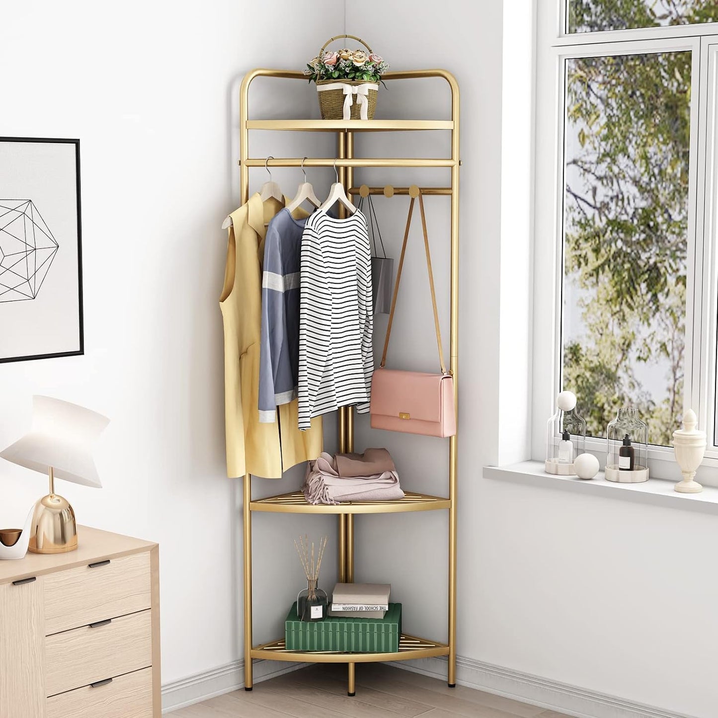 Corner Gold Clothing Racks Freestanding, Gold Metal Coat Racks with Hooks, Heavy Duty Modern Clothes Rack with 3 Tier Storage Shelves for Home,Bedroom,Living Room