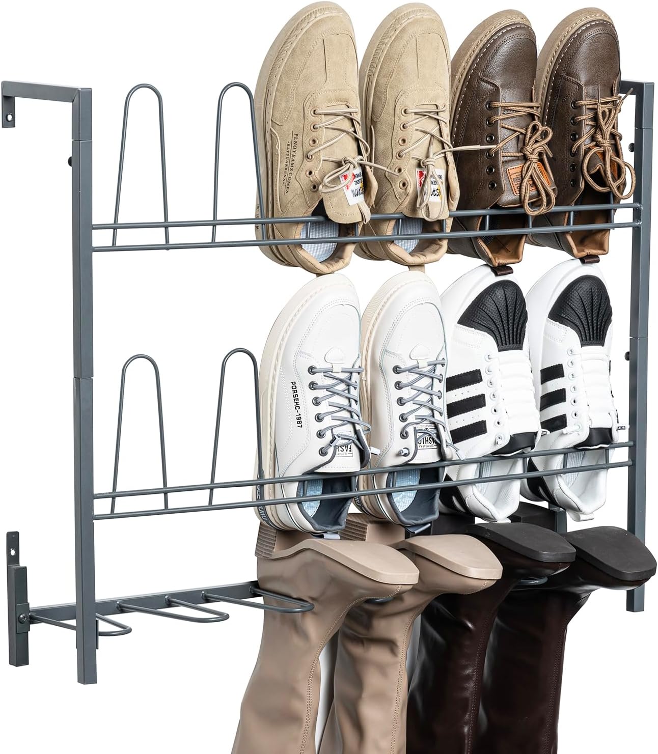 MyGift Premium Silver Metal Hanging Wall Shoe Rack for Walk in Closet, Mudroom and Entryway, Wall Mounted Space Saving Boot and Shoe Rack Organizer, Holds 9 Pairs