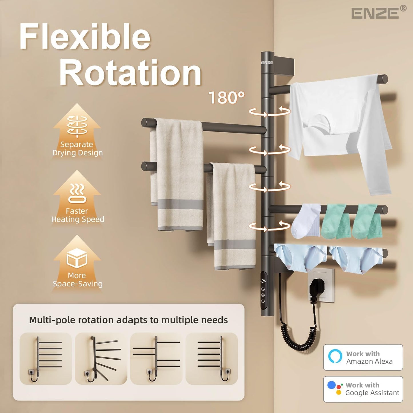 ENZE Smart Rotating Heated Towel Rack for Bathroom, 5-Bar Wall-Mounted Electric Towel Warmer with Swivel Bars, Wi-Fi App Control, 24H Timer, Stainless Steel, IPX5, Hardwired/Plug-in, Gray
