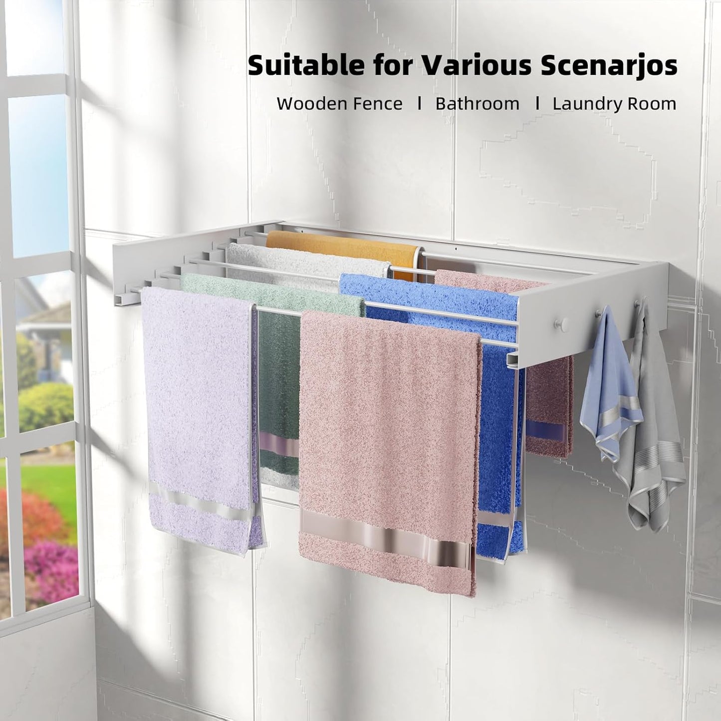 Upgrade Laundry Drying Rack, 31.5" Drying Rack Clothing Wall Mounted,Foldable, 5 Aluminum Rods with 6 Hooks, Space-Saving White Collapsible Drying Racks Hanger for Laundry Bathroom