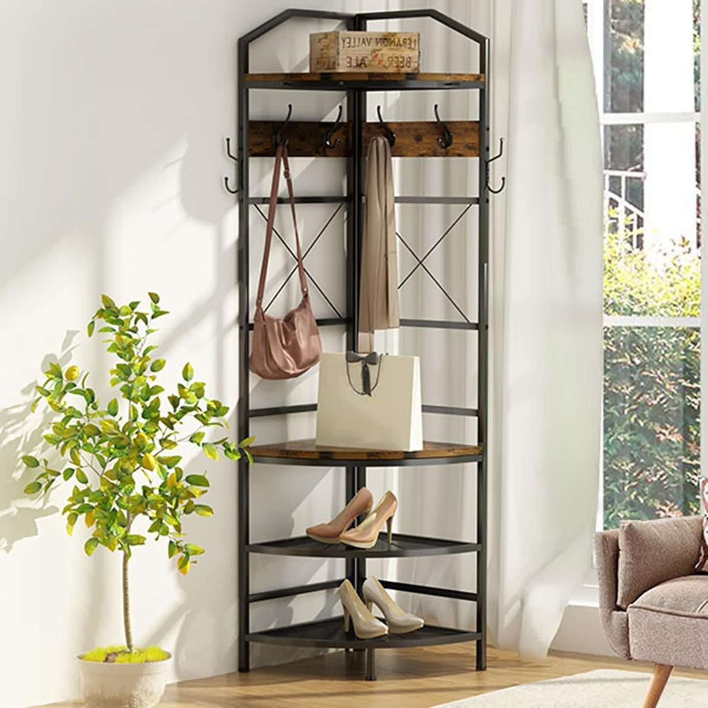 4-Tier Corner Coat Rack with Shoe Storage, Entryway Hall Tree with Bench and Hooks, Wooden Corner Clothes Rack Shoe Shelf Organizer for Home