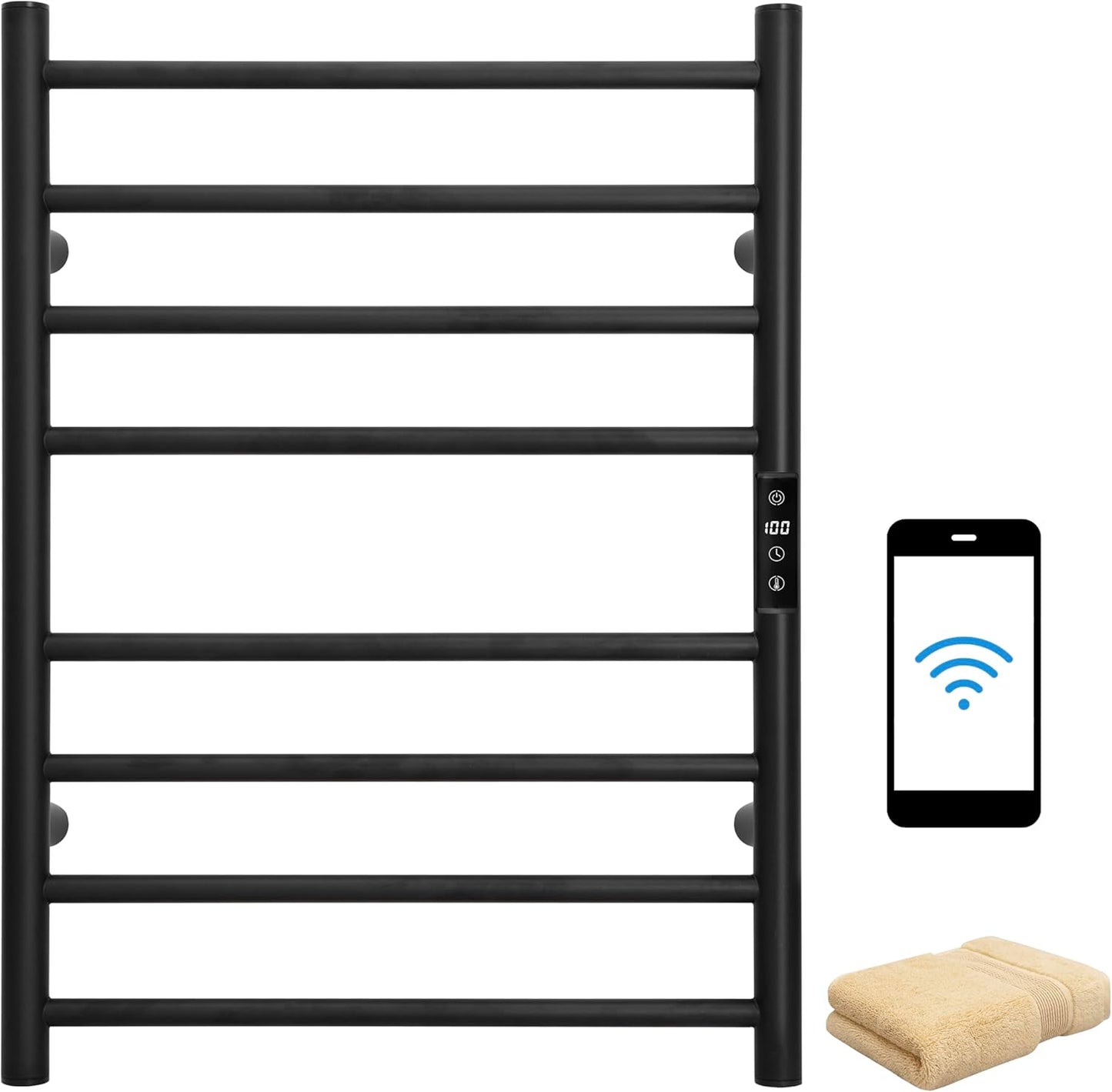 KEG Towel Warmer Wall Mounted with Built-in Timer 12 Bars Electric Stainless Steel Heated Towel Racks for Bathroom, Hot Plug-in Bath Towel Heater Matte Black