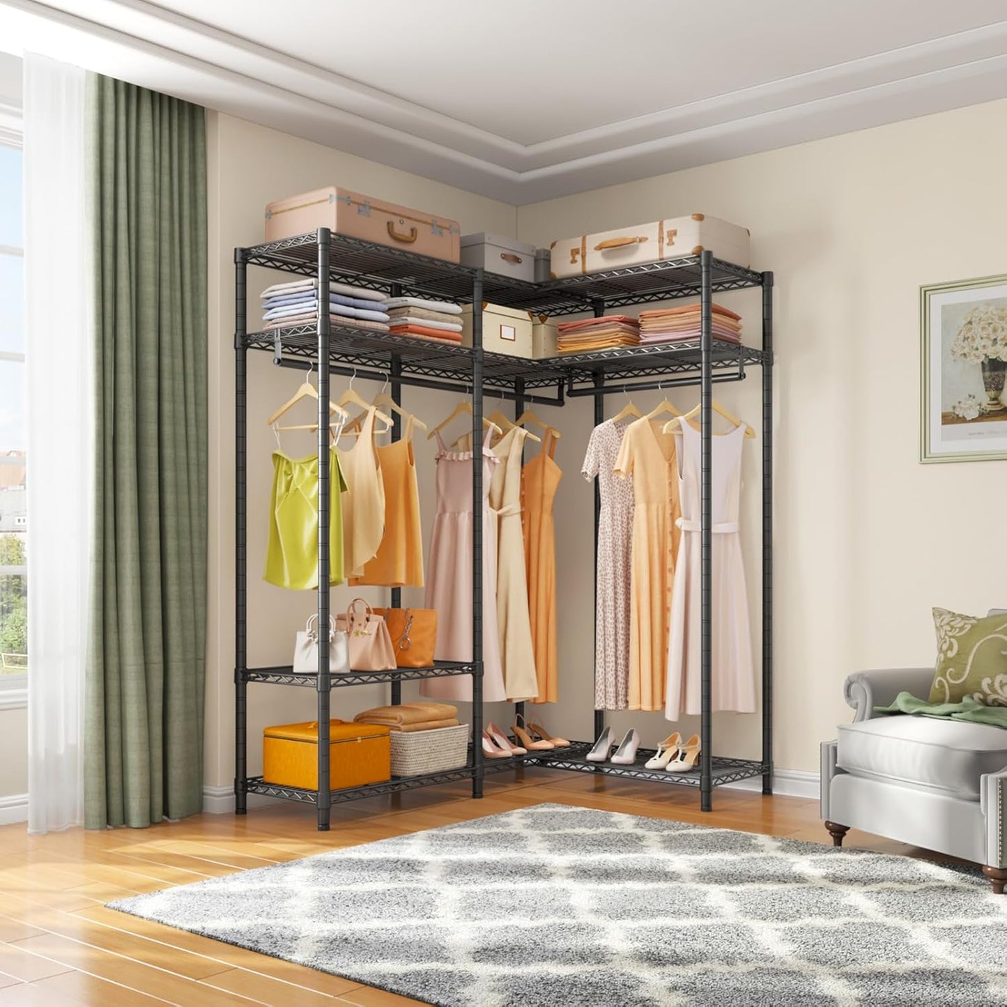 VIPEK L30 Corner Clothes Rack, Heavy Duty L-Shaped Freestanding Closet with Adjustable Shelves & Hanging Rods, Corner Wardrobe Portable Closet for Hanging Clothes