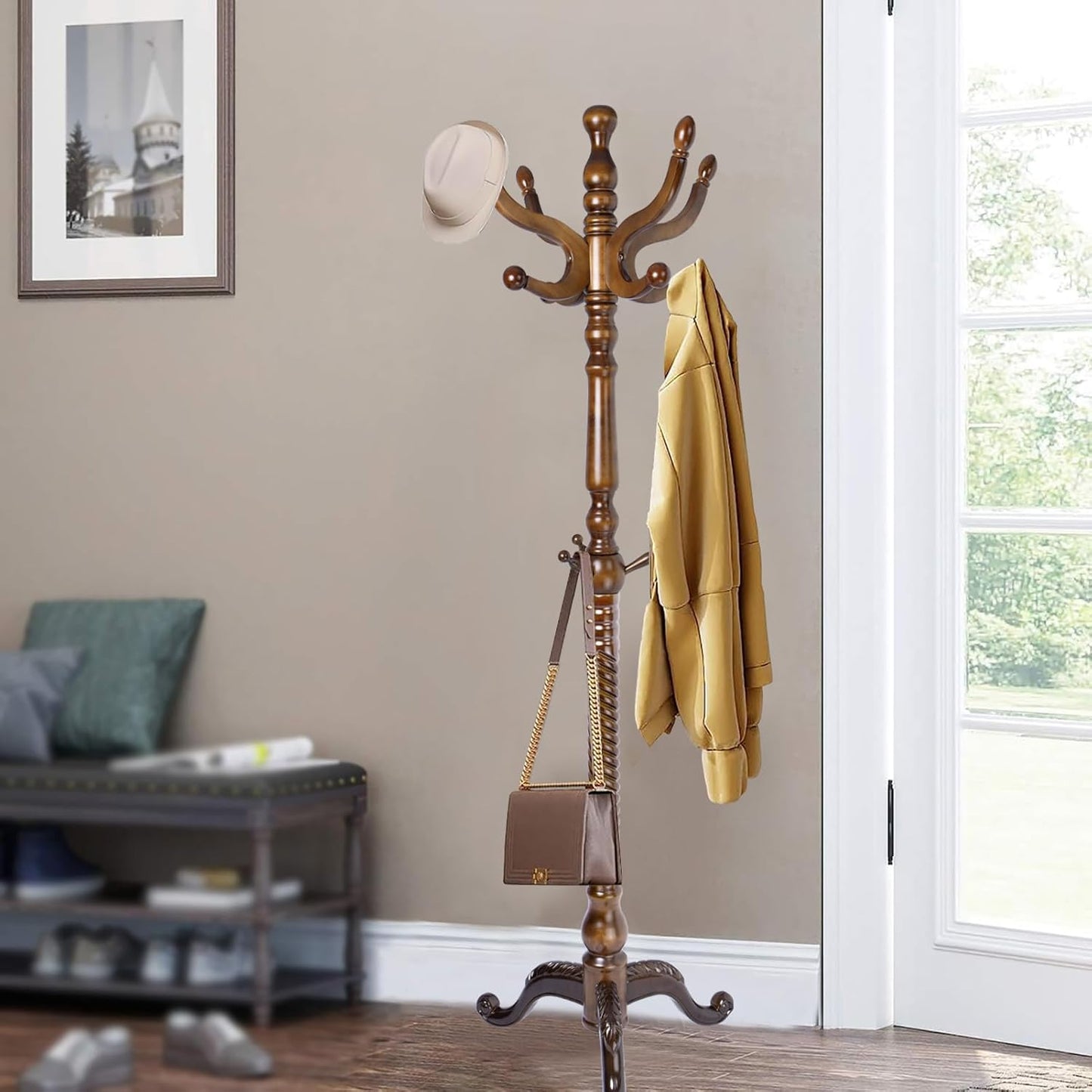 73" Wooden Coat Rack Stand,Coat Racks Freestanding With 14 Hooks And Solid Round Base Heavy Duty Adjustable Height Hall Tree Coat Rack for Entryway Hallway Foyer Office Bedroomf (Red sandalwood)