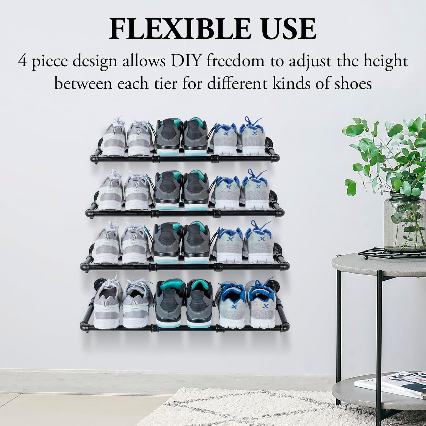 MyGift Set of 4 Industrial Matte Black Metal Pipe Hanging Shoe and Boot Rack Organizer Shelf, Wall Mounted Space Saving Footwear Storage Shelves for Closet, Mudroom, Entryway, Holds 12 Pairs