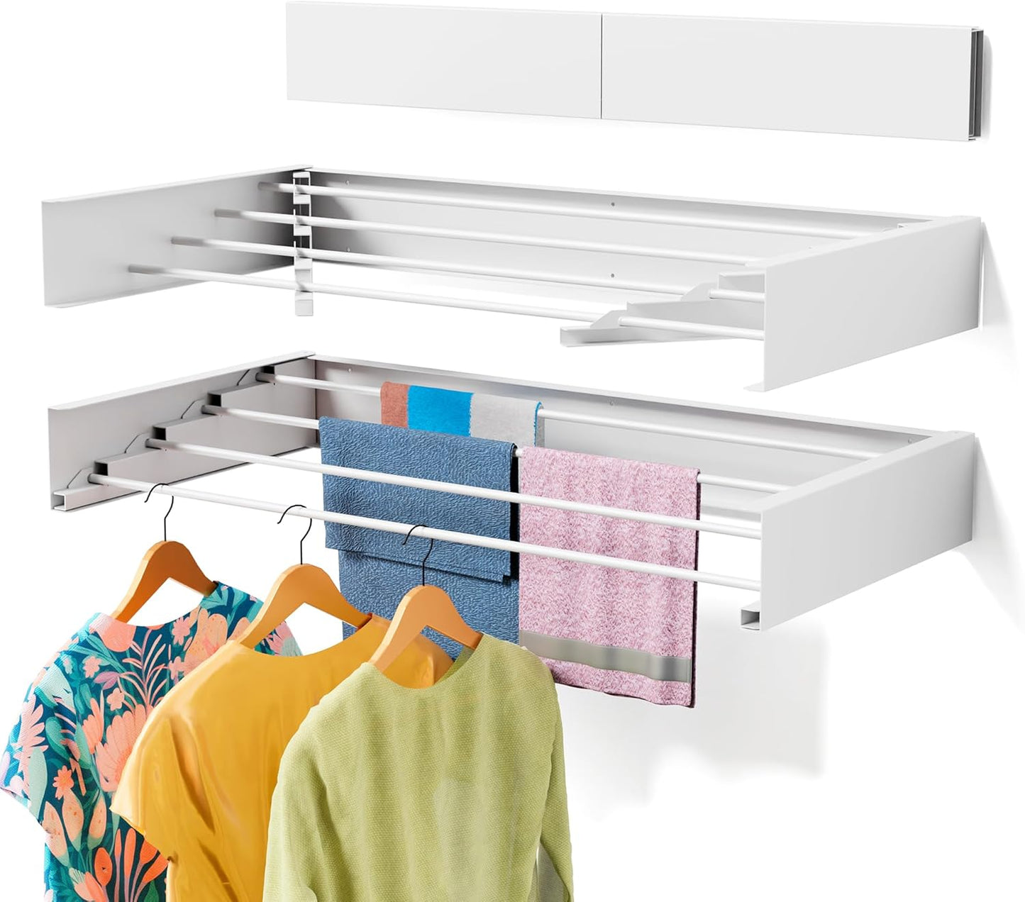 Upgrade Laundry Drying Rack, 31.5" Drying Rack Clothing Wall Mounted,Foldable, 5 Aluminum Rods with 6 Hooks, Space-Saving White Collapsible Drying Racks Hanger for Laundry Bathroom