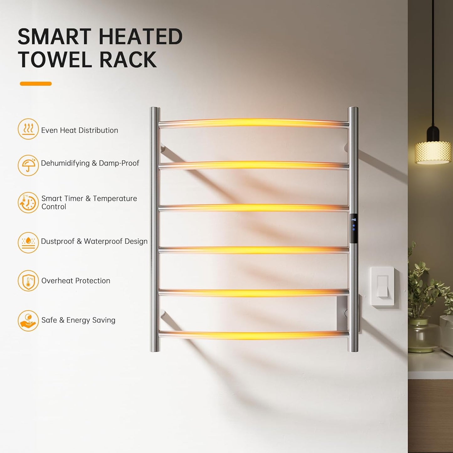 Towel Warmer Rack, Heated Towel Racks for Bathroom, Wall Mounted Towel Warmer, Stainless Steel Curved 6-Bars Drying Rack with Intelligent Touch Screen Timer, Brushed Nickel