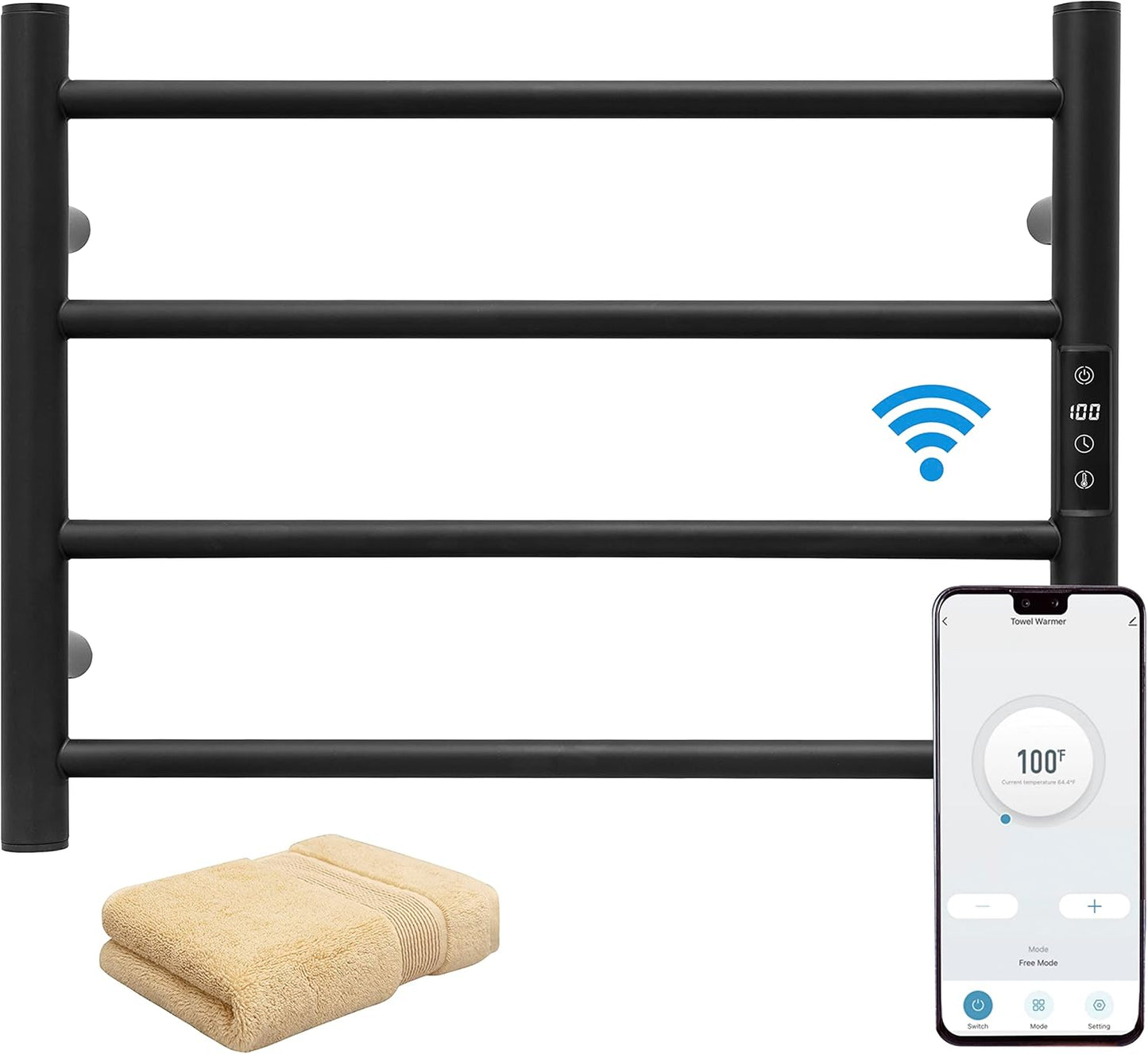 KEG Towel Warmer Wall Mounted with Built-in Timer 12 Bars Electric Stainless Steel Heated Towel Racks for Bathroom, Hot Plug-in Bath Towel Heater Matte Black