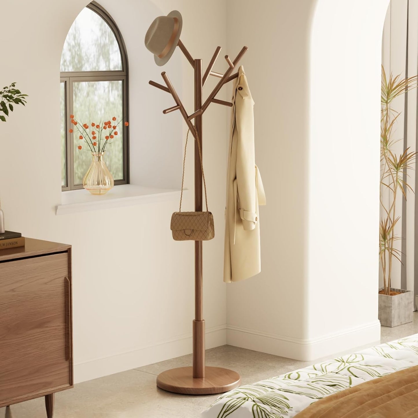 Coat Rack,Solid Wood Coat Rack Freestanding with 12 Hooks,Coat tree freestanding 3 Adjustable Heights for coat, Hats, Handbags,Coat Stand for Entryway,Bedroom (Walnut)
