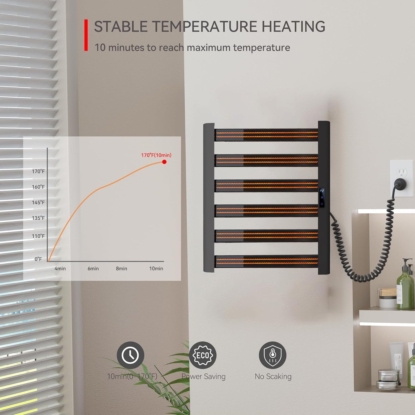 Towel Warmers for Bathroom,Space Aluminum Tower Warmer Rack,6 Bars Wall Mounted Towel Heater,Electric Heated Towel Rack for Bathroom with Built-in Timer, Plug-in,Matte Black