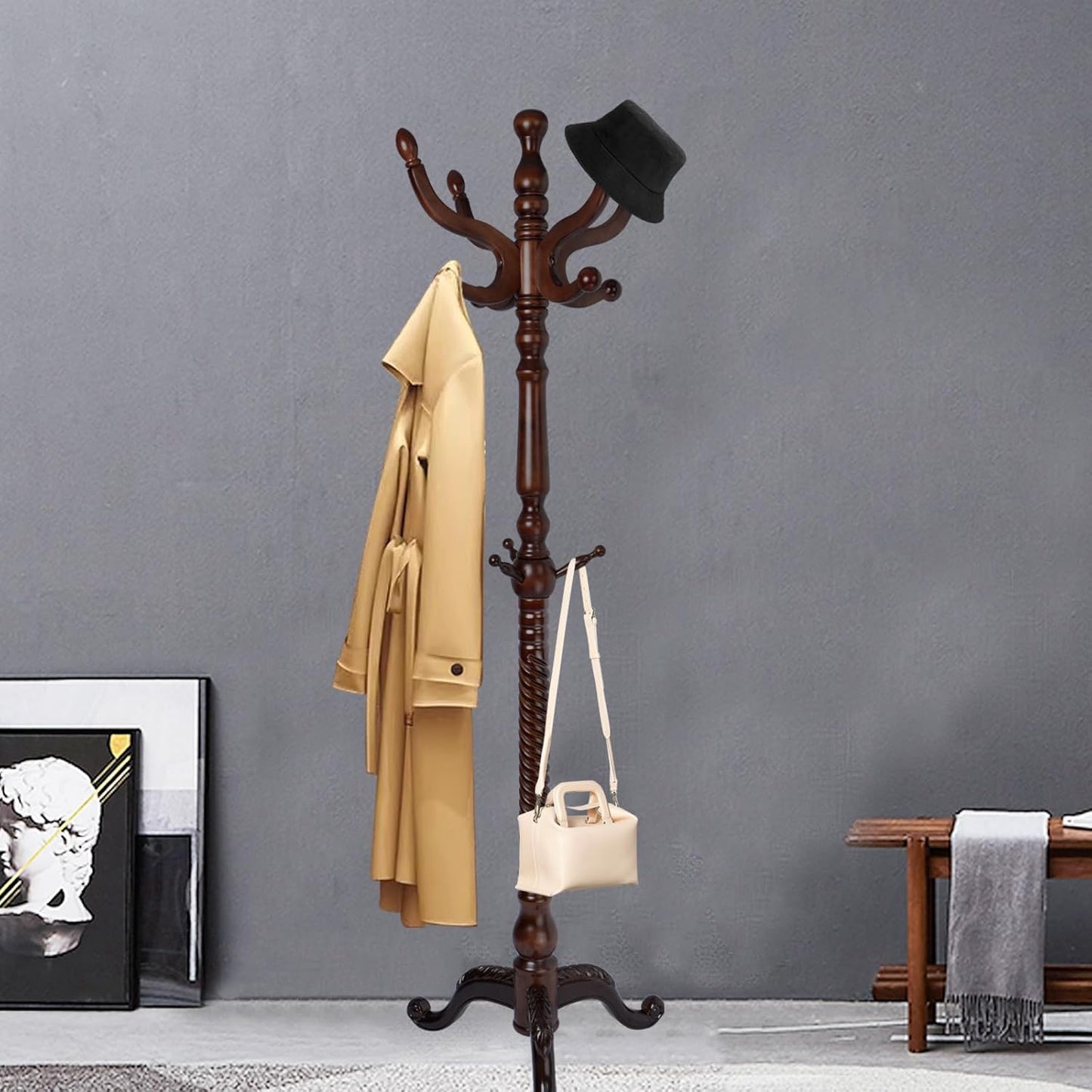 Coat Racks Free Standing with 14 Hooks, Natural Wood Coat Rack with Solid Round Base, Adjustable Height Coat Racks, Easy Assembly for Hallway, Bedroom and Office (Reddish brown)