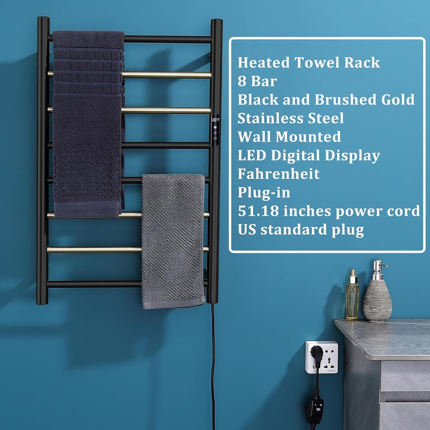 Towel Warmer Black and Brushed Gold 105 W Electric Heated Towel Rack Stainless Steel 8 Bar Towel Heater with Intelligent Touch Screen Timer, Wall Mounted, Plug-in