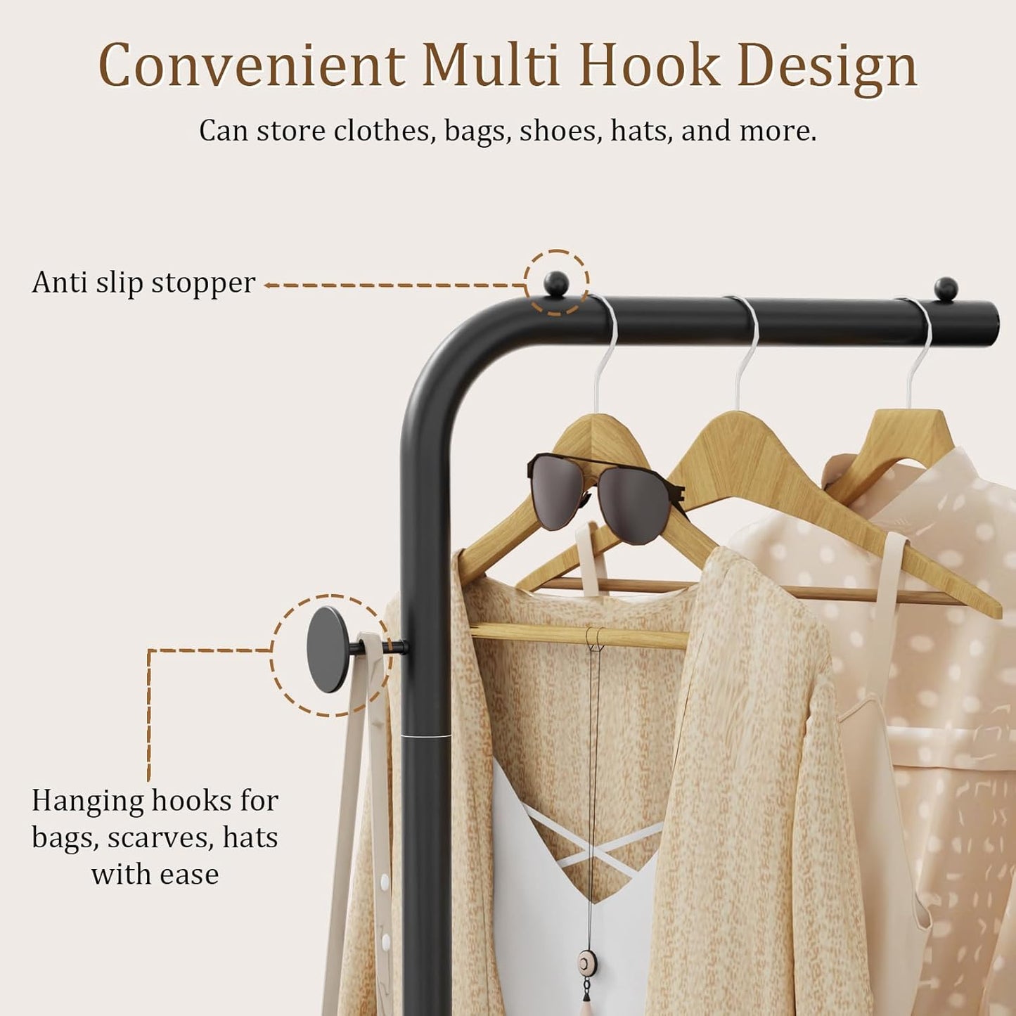OUTBROS Coat Rack, Portable L-shaped Clothes Rack with Hook, Modern Hanger, Sturdy Freestanding Metal Clothing Rack, Used in Bedroom, Entrance and Living Room, 15.3 x 10.2 x 70.8 inch, Black