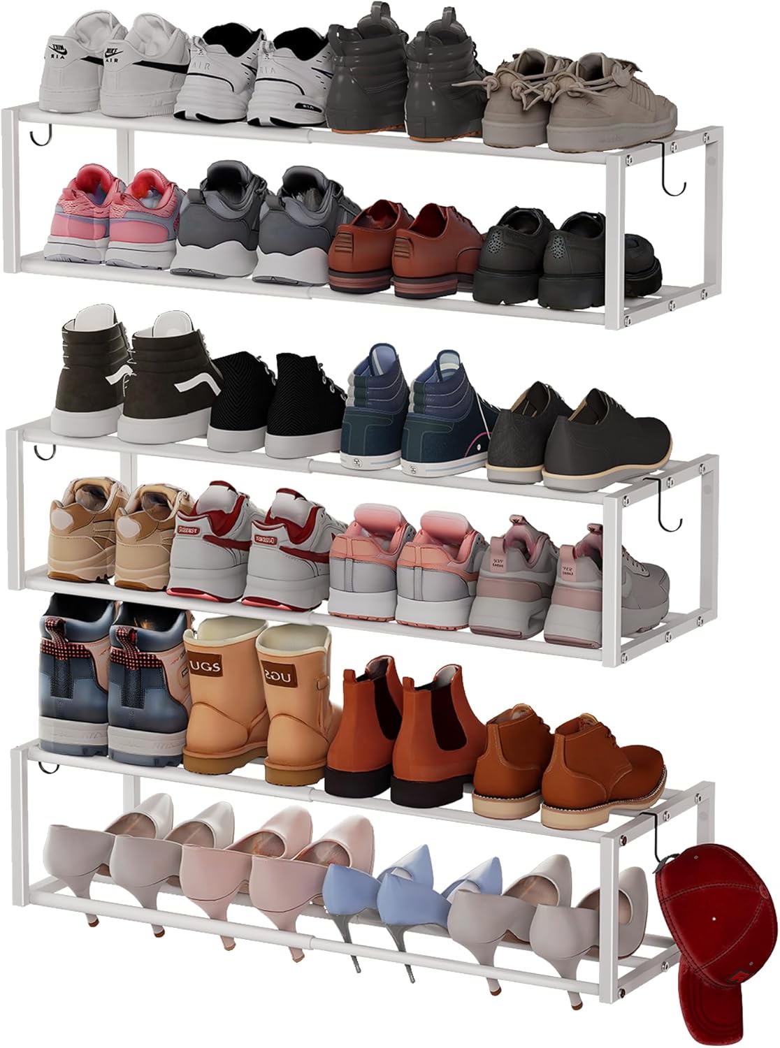 4 Pack Expandable Wall Mounted Shoe Rack, 17"-31" Adjustable Hanging Shoe Rack Holds 32 Pairs, Heavy Duty Metal Shoe Holder with 8 Storage Hooks, Space Saving for Entryway Closet Doorway(Black