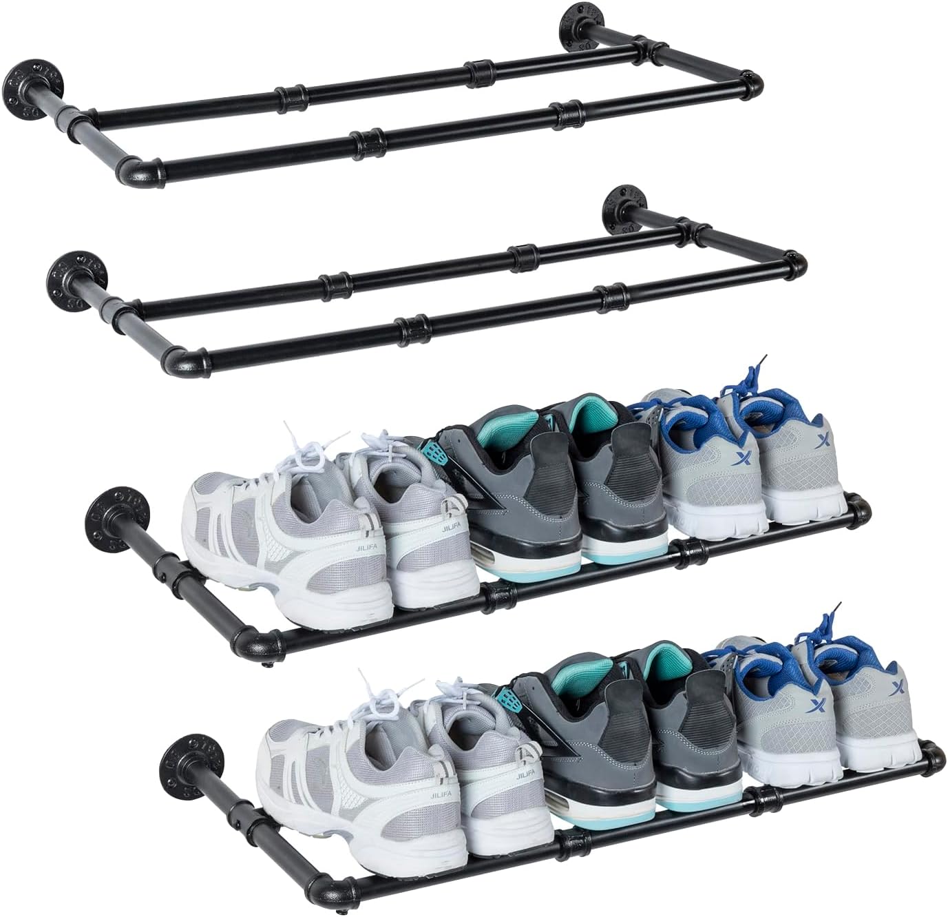 MyGift Set of 4 Industrial Matte Black Metal Pipe Hanging Shoe and Boot Rack Organizer Shelf, Wall Mounted Space Saving Footwear Storage Shelves for Closet, Mudroom, Entryway, Holds 12 Pairs