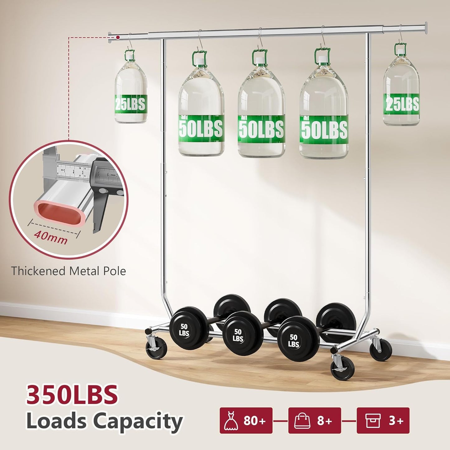 Tajsoon Clothes Rack Heavy Duty Clothing Rack Load 350 LBS, Rolling Garment Rack with Wheels and Extendable Rod, Collapsible Clothing Rack for Hanging Clothes with Bottom Shelf, Chrome