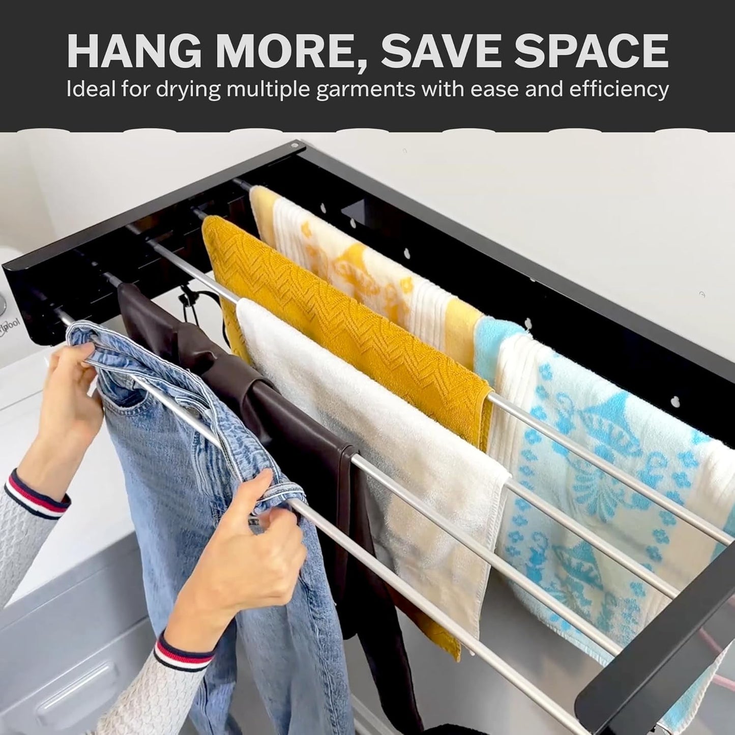 Wall Mounted Laundry Drying Rack, Retractable & Foldable, 31.5" Wide, 13.2 Linear Ft, 5 Heavy-Duty Aluminum Rods, 60 lb Capacity, Space-Saving Design, Easy Installation, Indoor/Outdoor (Black)