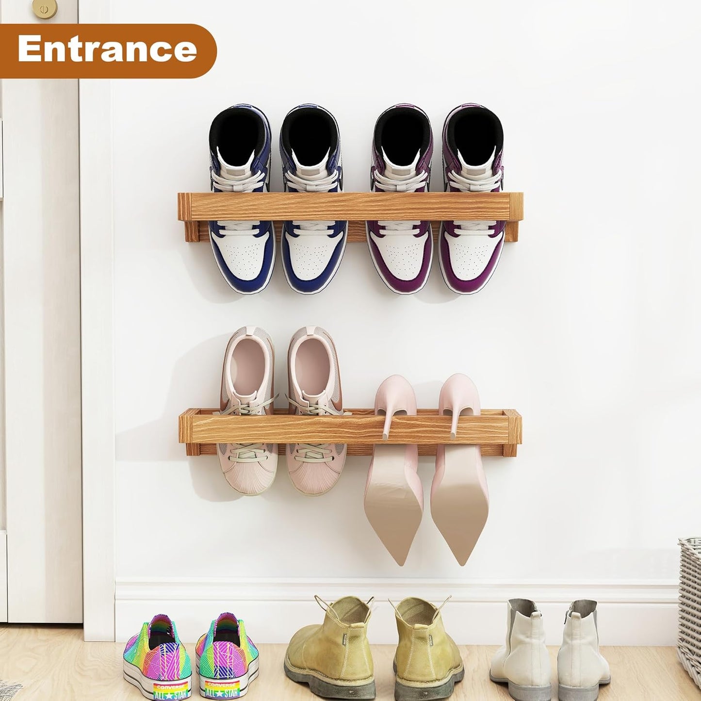 Nisorpa 20 Inch Rustic Burnt Wood Hanging Shoe Rack, Wall Mounted Shoe Rack Storage Organizer Space Saving Footwear Holder for Closet, Mudroom, Entryway, Holds 8 Pairs, Set of 4