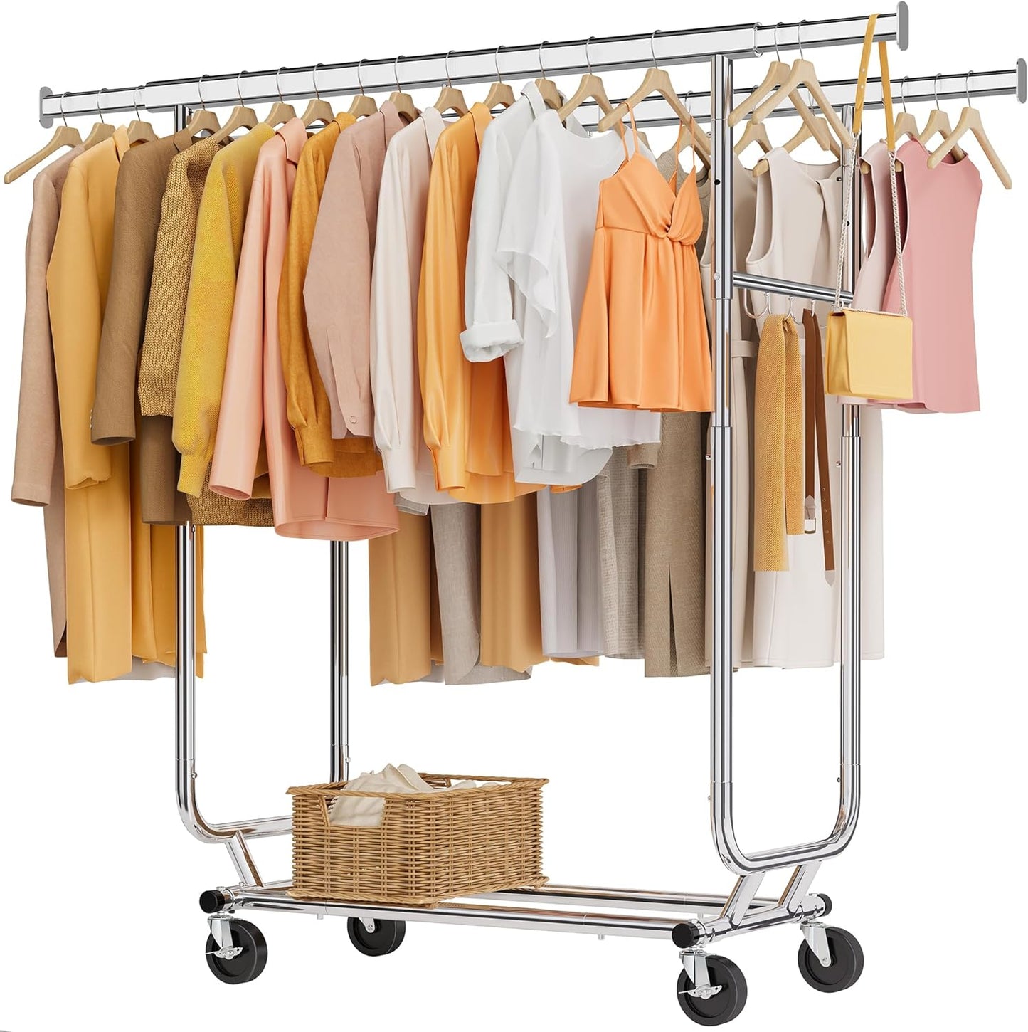 Tajsoon Clothes Rack Heavy Duty Clothing Rack Load 350 LBS, Rolling Garment Rack with Wheels and Extendable Rod, Collapsible Clothing Rack for Hanging Clothes with Bottom Shelf, Chrome
