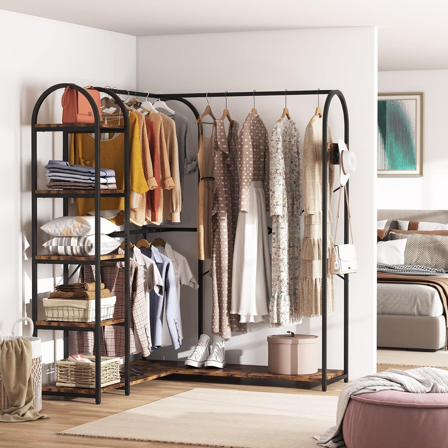 Tribesigns L Shape Clothes Rack, Corner Garment Rack with Storage Shelves and Hanging Rods, Space-Saving Large Open Wardrobe Closet for Bedroom