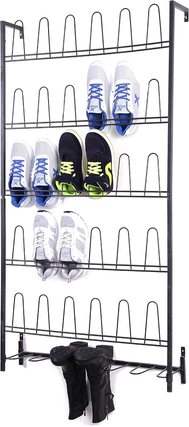 MyGift Premium Silver Metal Hanging Wall Shoe Rack for Walk in Closet, Mudroom and Entryway, Wall Mounted Space Saving Boot and Shoe Rack Organizer, Holds 9 Pairs