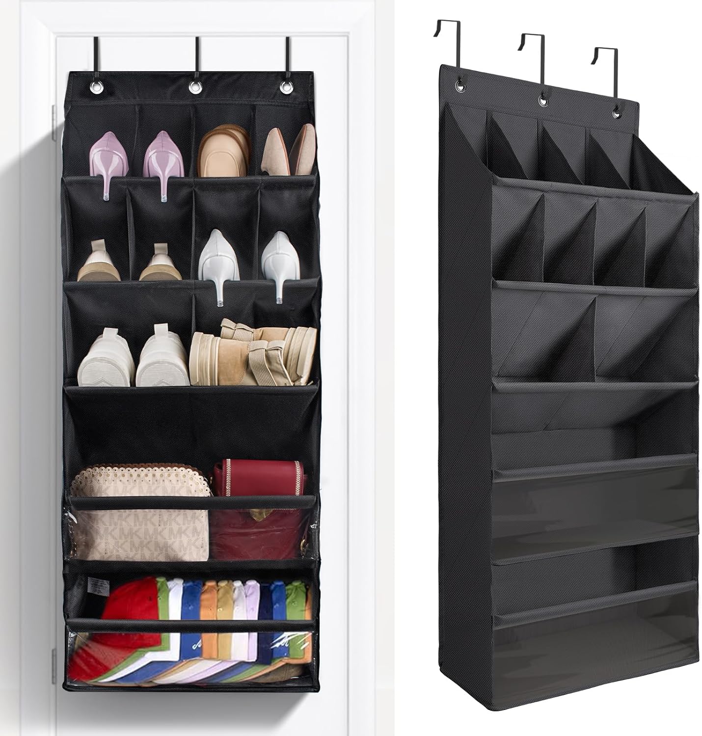 FENTEC 2 Pack Over the Door Shoe Organizer, Hanging Shoe Organizers with Large Pockets Shoe Holder Hanging Shoe Rack for Closet Shoe Organizer for Wall, Over Door Organizer with 30 Pockets, Black