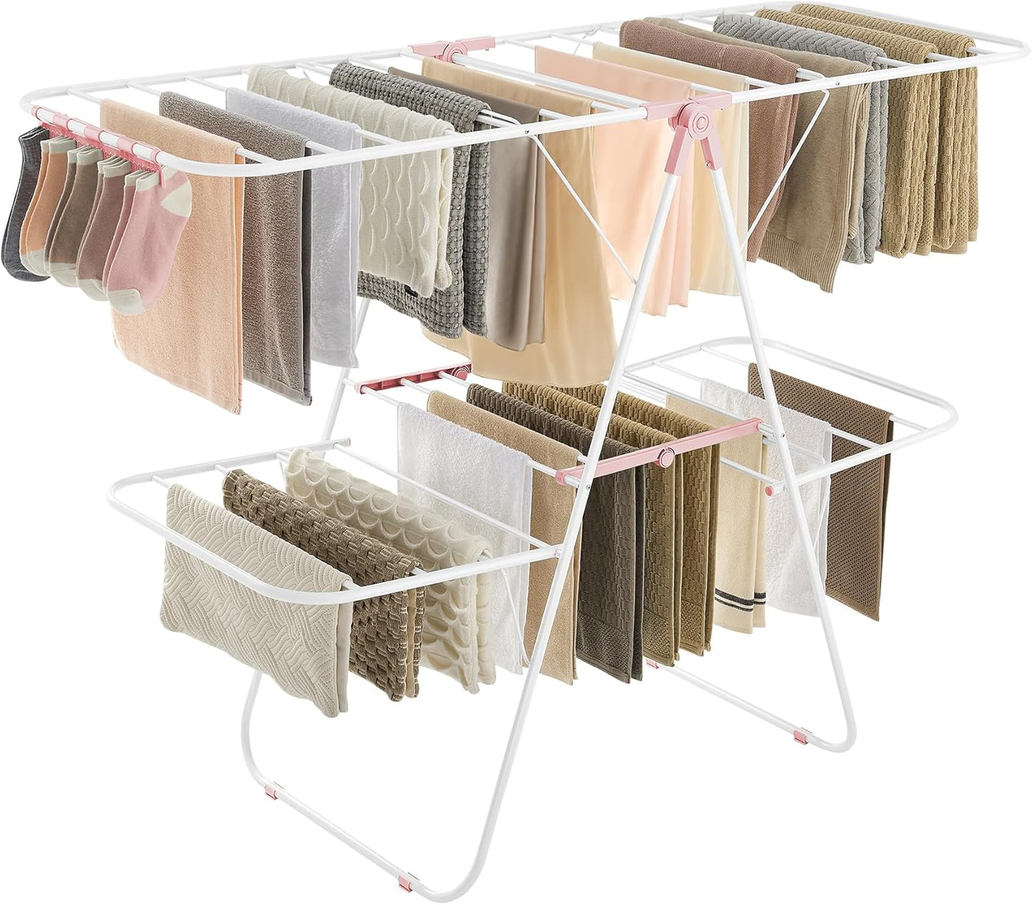SONGMICS Clothes Drying Rack, Foldable 2-Level Laundry Drying Rack, Free-Standing Laundry Airer, with Height-Adjustable Wings, 33 Drying Rails, Sock Clips, Silver and Blue ULLR53BUV1