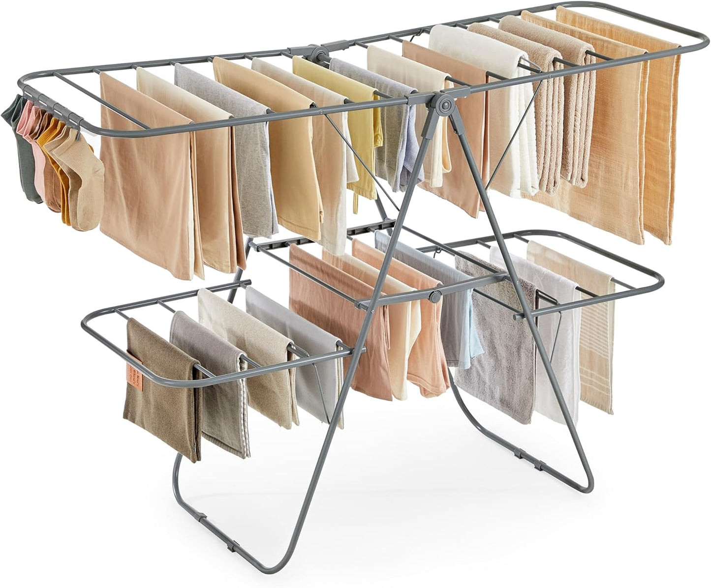 SONGMICS Clothes Drying Rack, Foldable 2-Level Laundry Drying Rack, Free-Standing Laundry Airer, with Height-Adjustable Wings, 33 Drying Rails, Sock Clips, Silver and Blue ULLR53BUV1