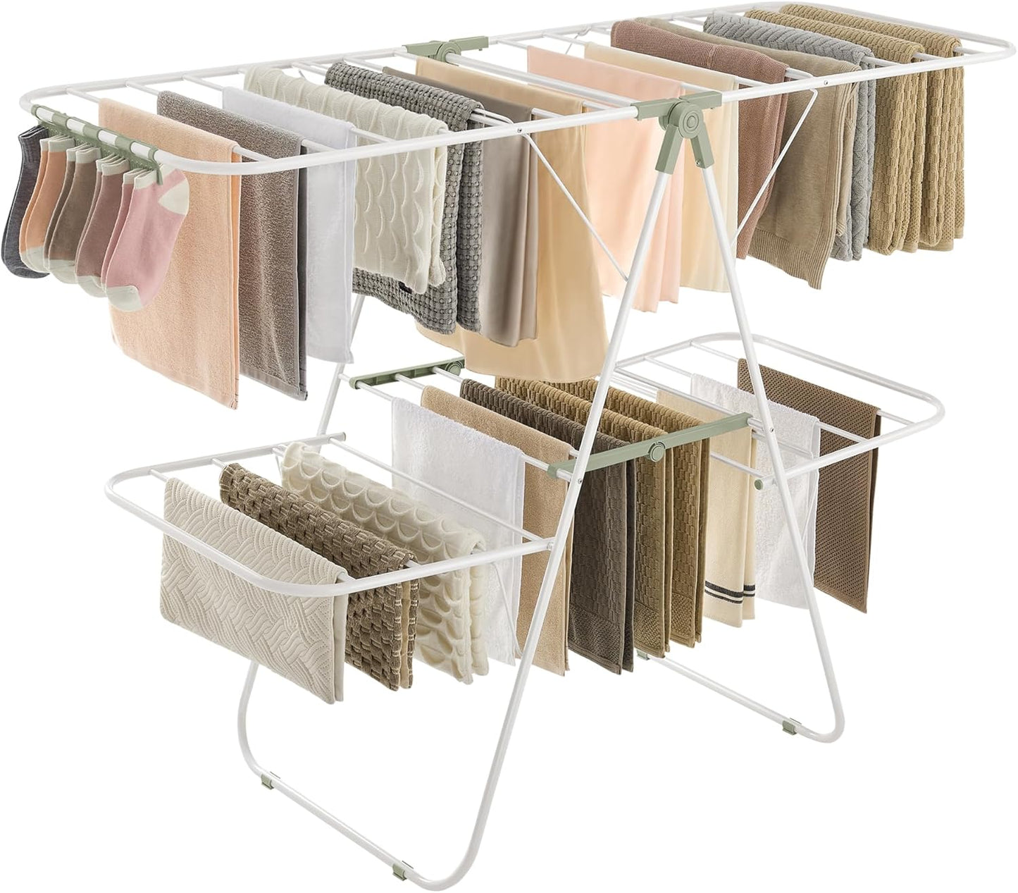 SONGMICS Clothes Drying Rack, Foldable 2-Level Laundry Drying Rack, Free-Standing Laundry Airer, with Height-Adjustable Wings, 33 Drying Rails, Sock Clips, Silver and Blue ULLR53BUV1