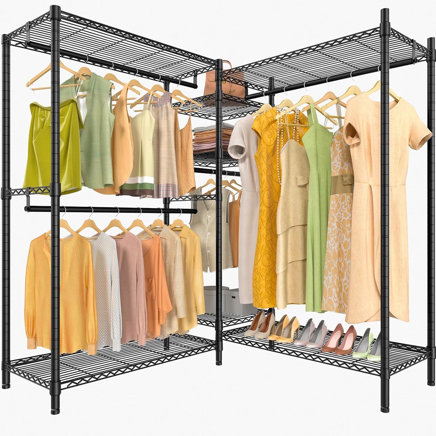 VIPEK L6 L Shaped Clothes Rack Heavy Duty Clothing Rack for Corner, 5-Tier Wire Garment Racks Metal Freestanding Closet with Adjustable Shelves, 42.1" L x 42.1" W x 76.4" H, Max Load 840LBS, Gold