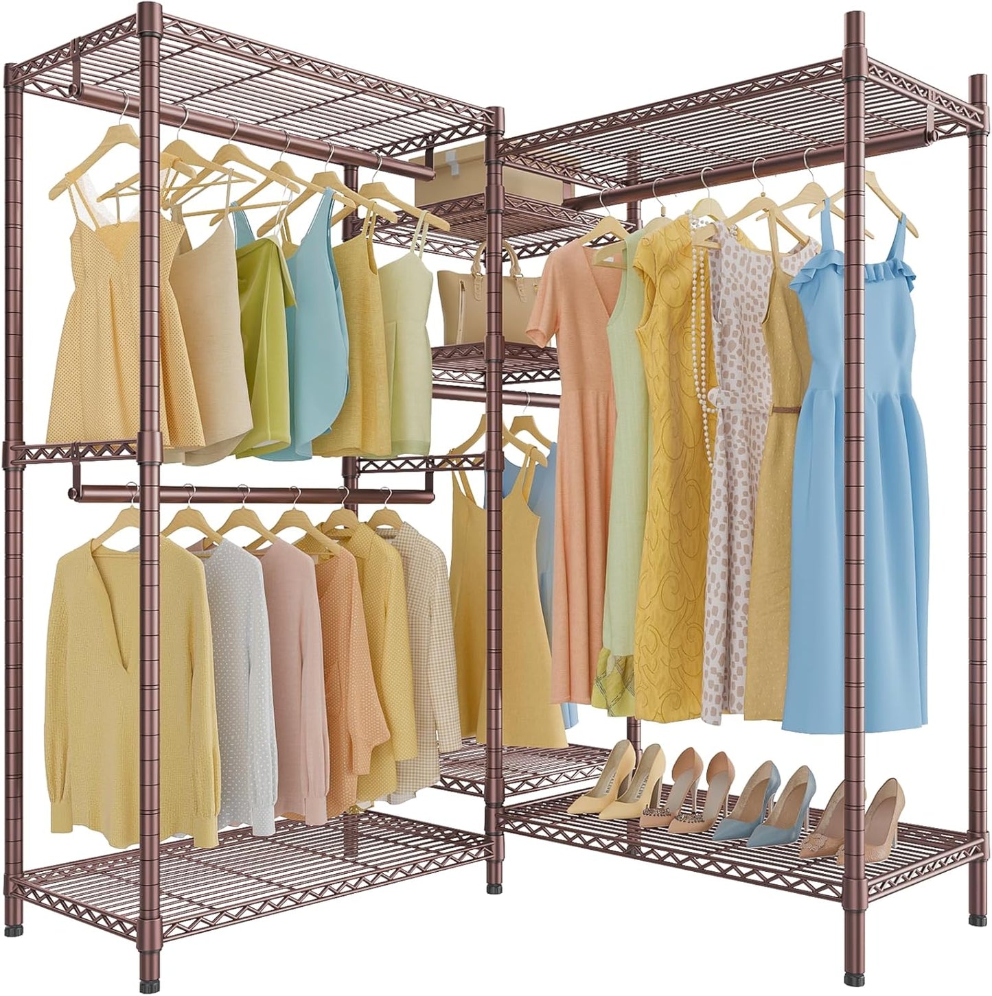 VIPEK L6 L Shaped Clothes Rack Heavy Duty Clothing Rack for Corner, 5-Tier Wire Garment Racks Metal Freestanding Closet with Adjustable Shelves, 42.1" L x 42.1" W x 76.4" H, Max Load 840LBS, Gold