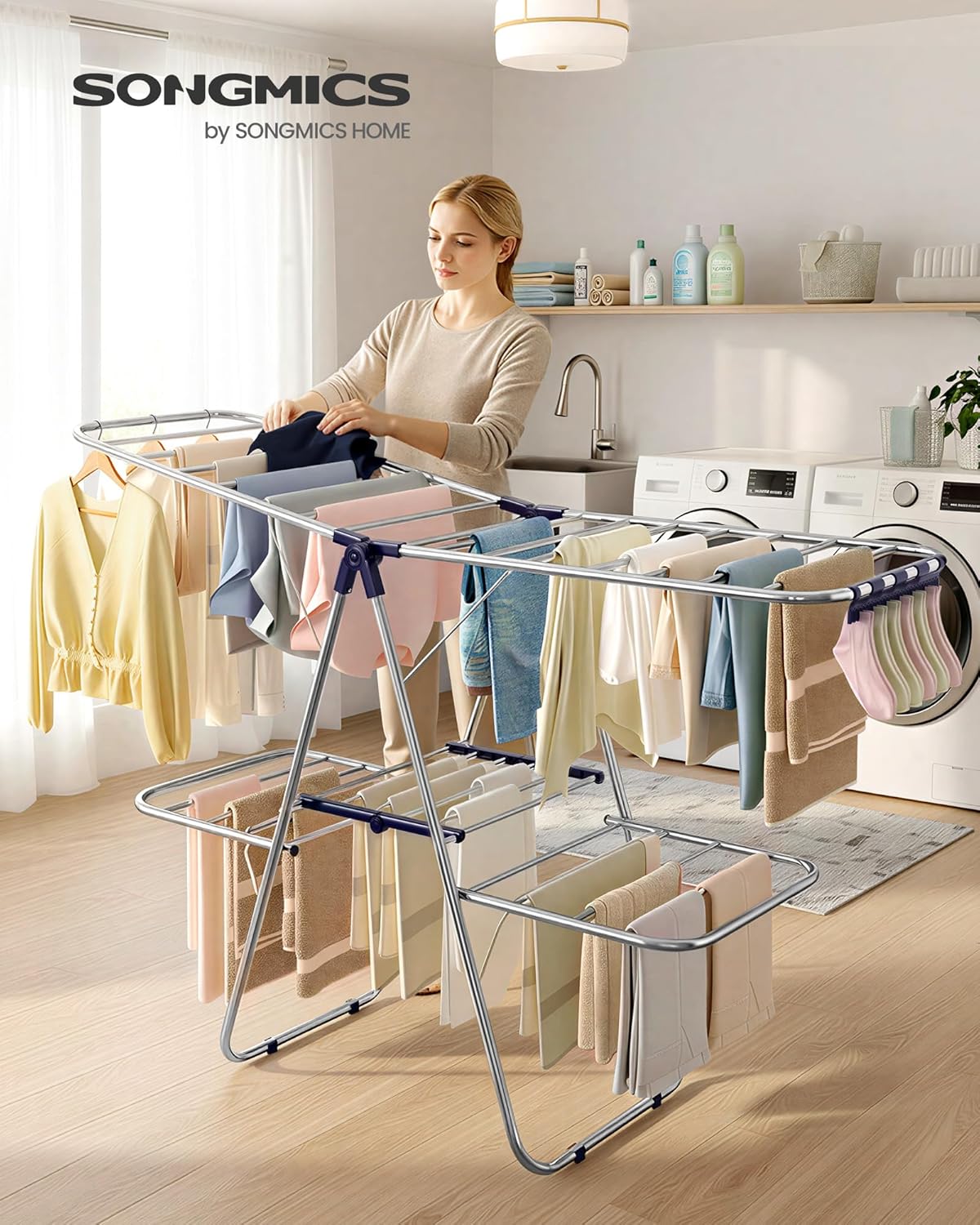 SONGMICS Clothes Drying Rack, Foldable 2-Level Laundry Drying Rack, Free-Standing Laundry Airer, with Height-Adjustable Wings, 33 Drying Rails, Sock Clips, Silver and Blue ULLR53BUV1