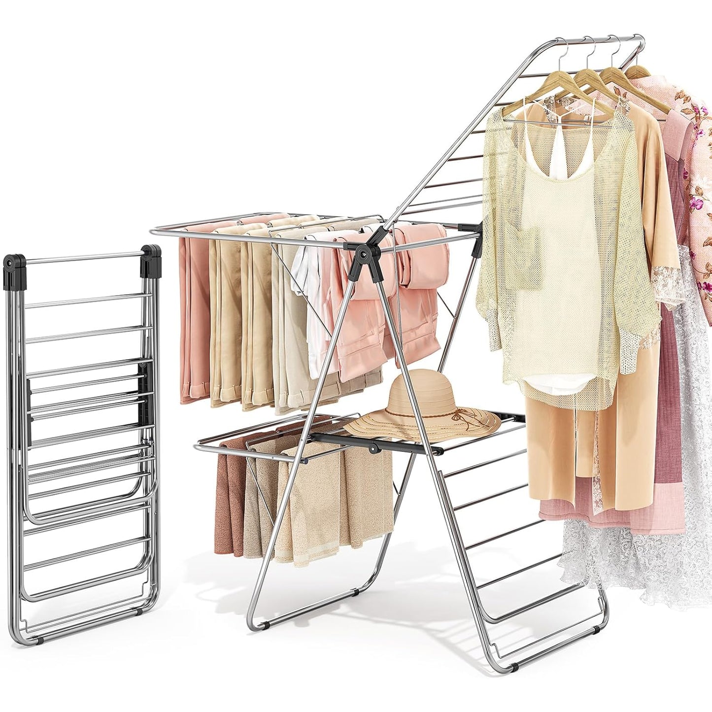 APEXCHASER Clothes Drying Rack, Stainless Steel Drying Rack Clothing with Height-Adjustable, Foldable Gullwings Laundry Drying Rack, Indoor Outdoor Use, No Assembly